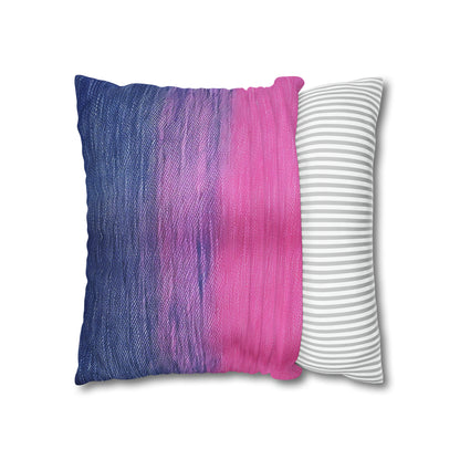 Delicia dual: Ensueño de mezclilla azul y rosa mitad y mitad - Funda de almohada cuadrada de poliéster hilado 