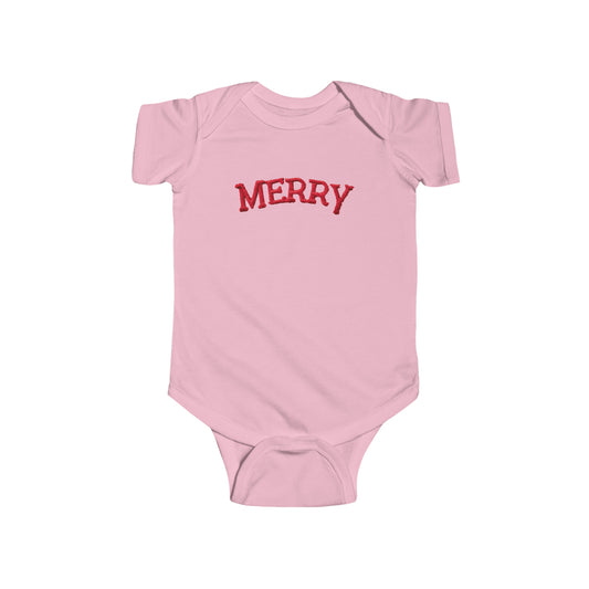 Chenille Merry Emblem, Festive Christmas Holiday Design, Joyful Yuletide Motif, Chic Winter Theme - Infant Fine Jersey Bodysuit