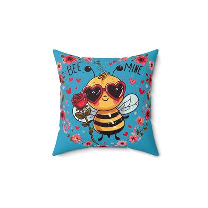 気まぐれな Bee Love: 花のアクセントとハートのサングラスが付いた心のこもったバレンタイン デザイン - ロマンチック - スパン ポリエステル スクエア ピロー