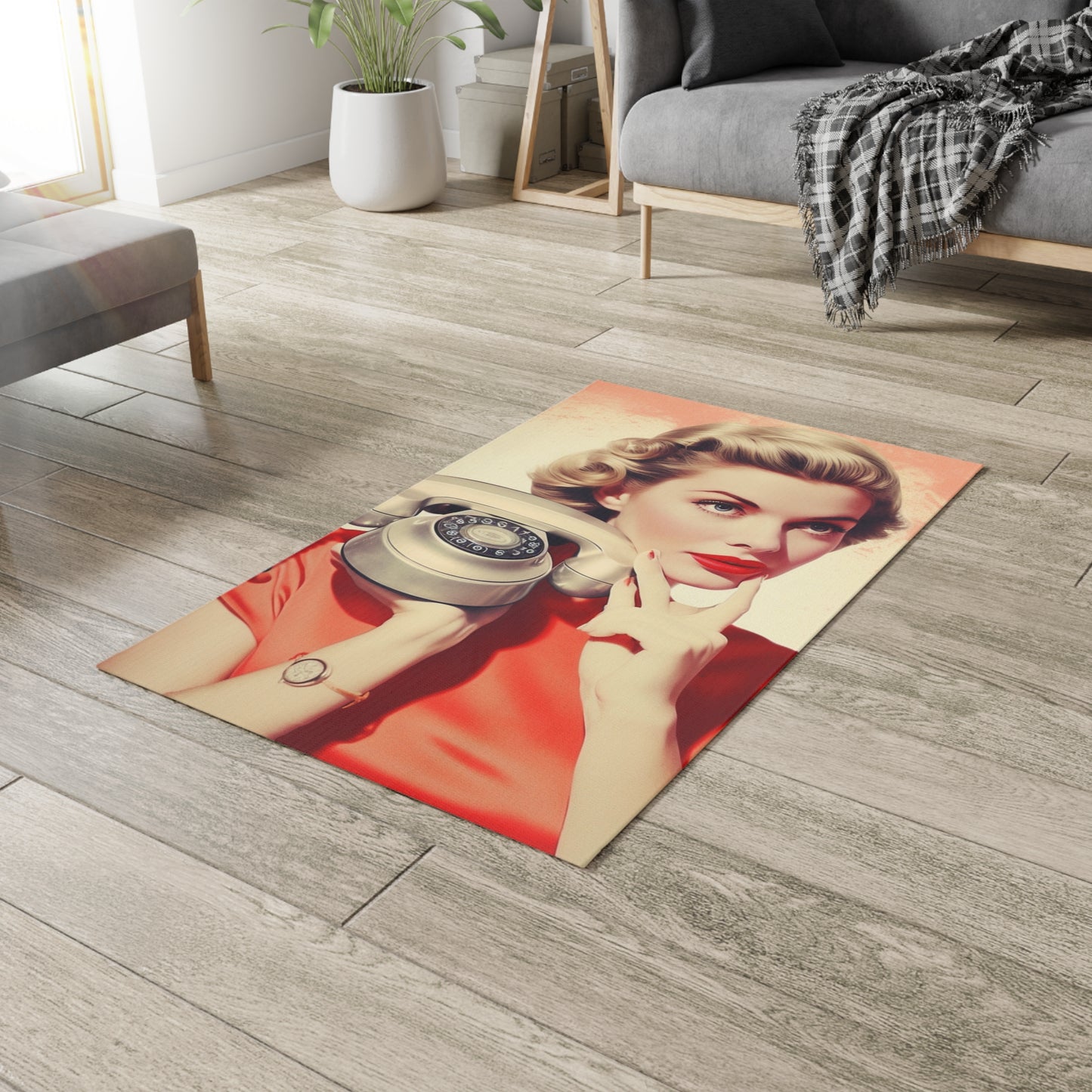 Retro 50s/60s Woman w/ Shabby Telephone Art - Dobby Rug