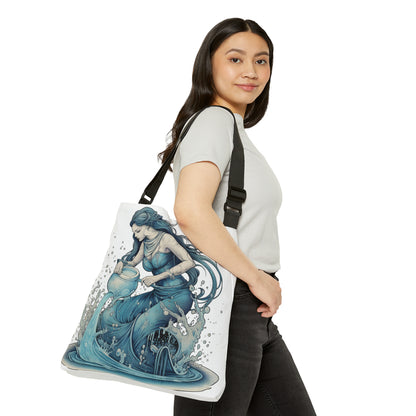 Aquarius Zodiac Symbol - Girl Pouring Water, Hand-Drawn Style - Adjustable Tote Bag (AOP)