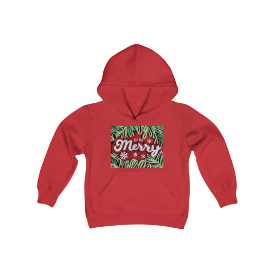 Chenille Patch Festive Design, Holiday Motif, Merry Christmas Theme, Trendy Winter Style - Youth Heavy Blend Hooded Sweatshirt