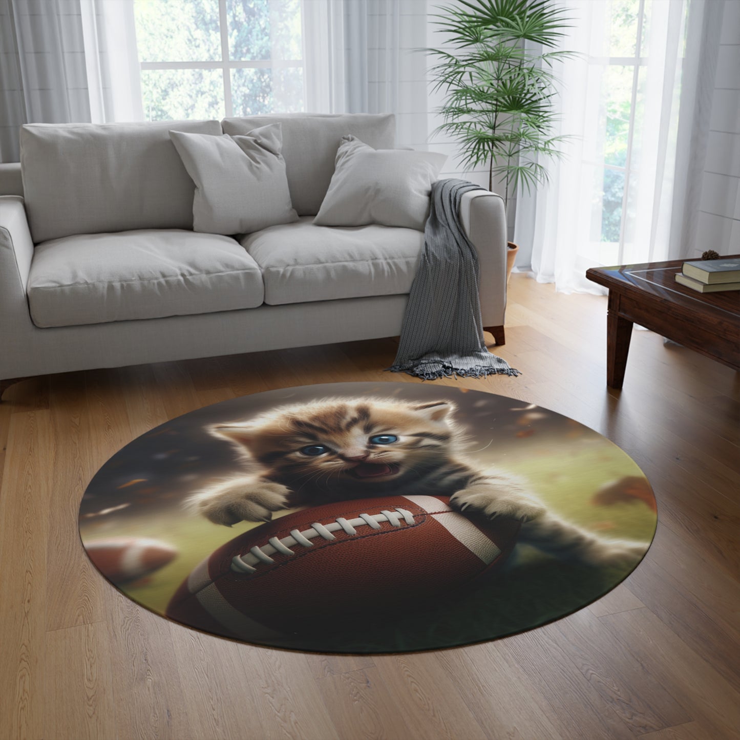 Football Kitten Touchdown: Tabby's Winning Play Sport Game - Round Rug