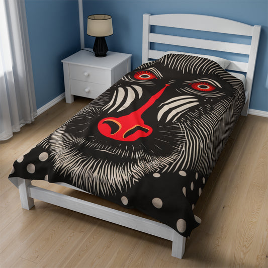 Red and Black Mandrill Monkey - Abstract Primate Face with Psychedelic Patterns - Velveteen Plush Blanket