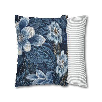 Flower Blossom Embroidery Floral on Denim Style - Spun Polyester Square Pillow Case