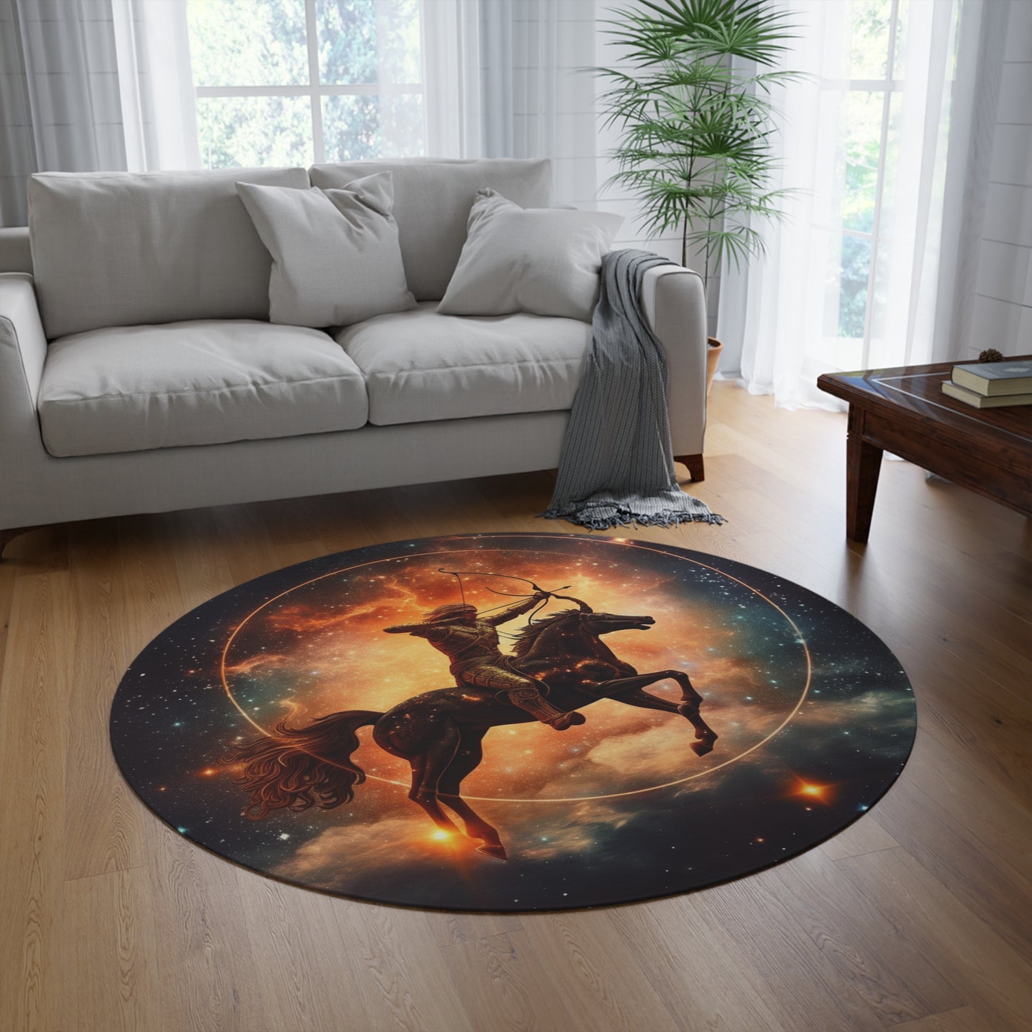 Sagittarius Constellation Totem - Archer in Action Zodiac Symbol - Round Rug