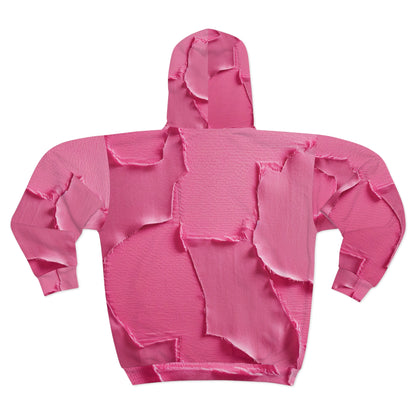 Distressed Neon Pink: Edgy, Ripped Denim-Inspired Doll Fabric - Unisex Zip Hoodie (AOP)