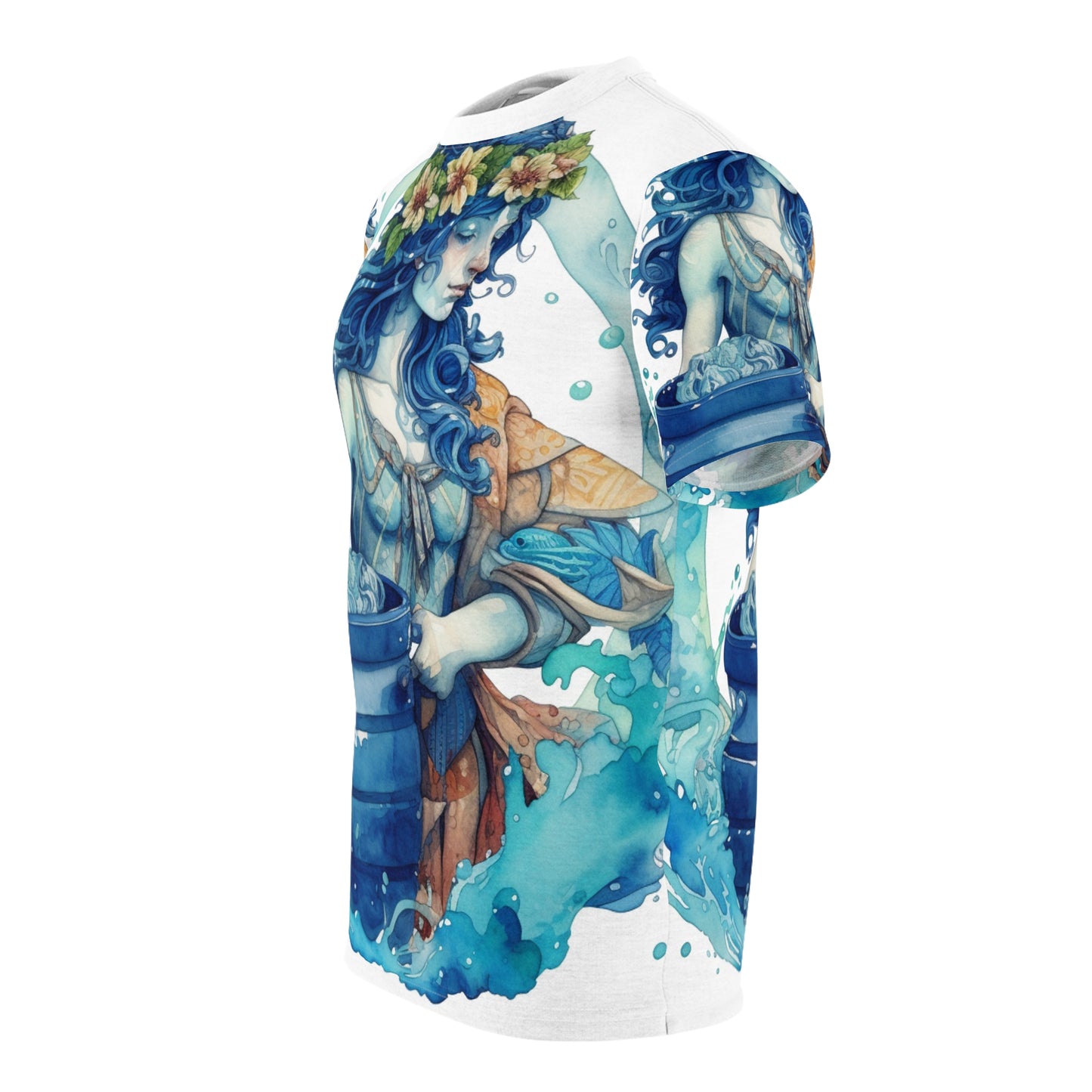 Zodíaco artístico de Acuario - Representación del portador de agua en acuarela - Camiseta unisex de corte y costura (AOP) 