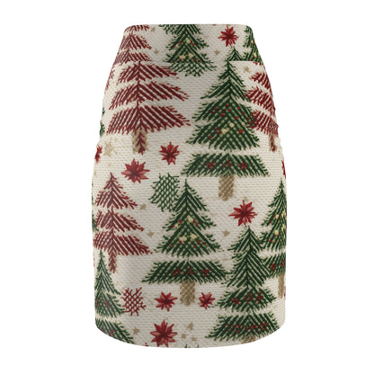 Embroidered Christmas Winter, Festive Holiday Stitching, Classic Seasonal Design - Women's Pencil Skirt (AOP)