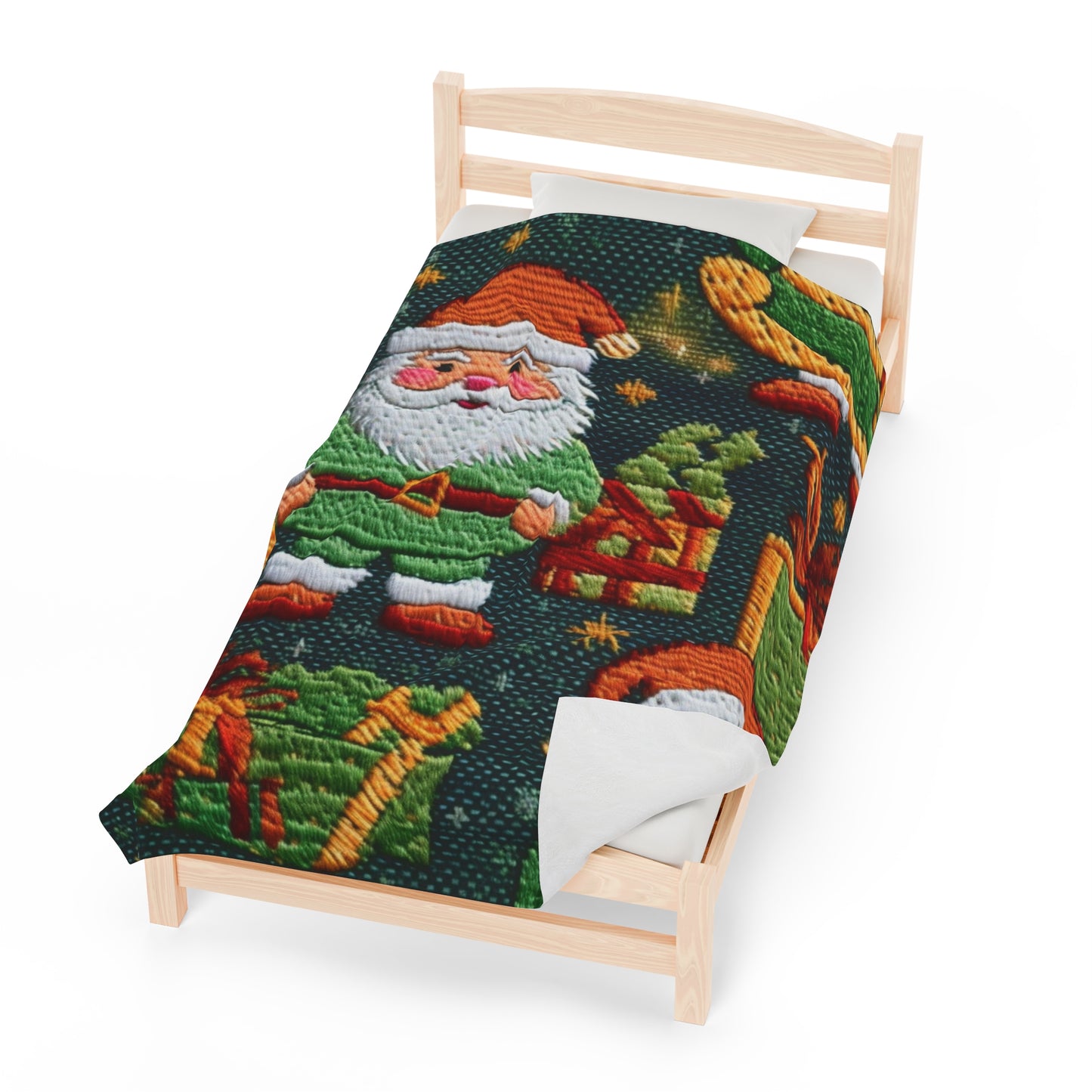 Christmas Santa Claus - Embroidered Presents - Festive Winter Wonderland - Deck the Halls Design - Velveteen Plush Blanket