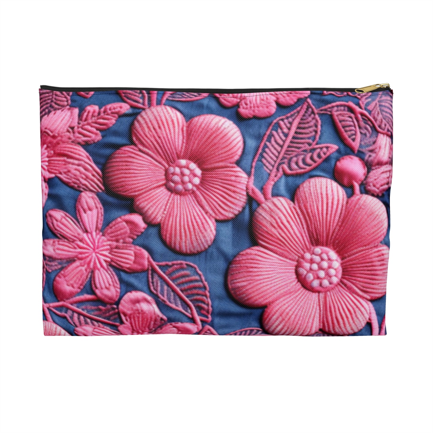 Denim Blue Doll Pink Floral Embroidery Style Fabric Flowers - Accessory Pouch