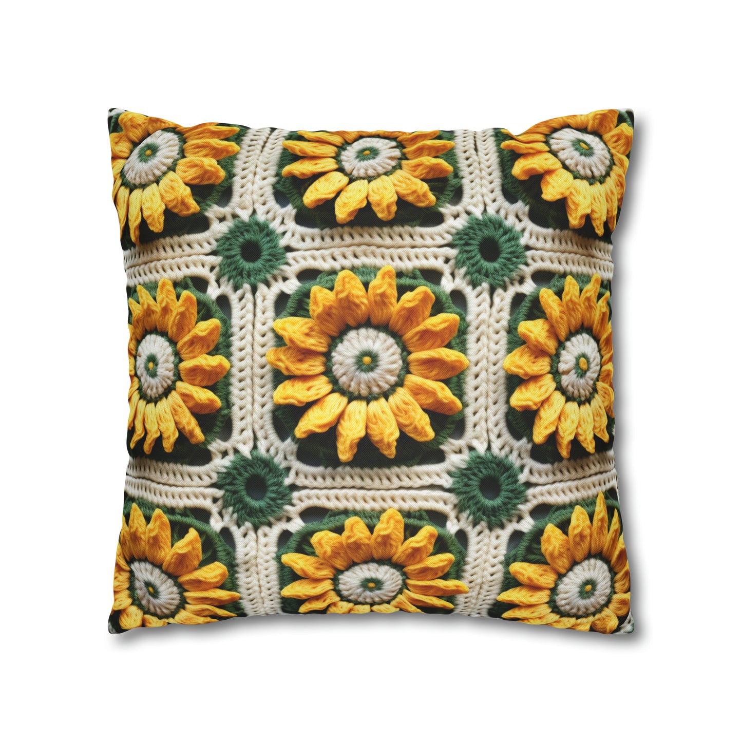 Sunflower Crochet Elegance, Granny Square Design, Radiant Floral Motif. Bring the Warmth of Sunflowers to Your Space - Spun Polyester Square Pillow Case