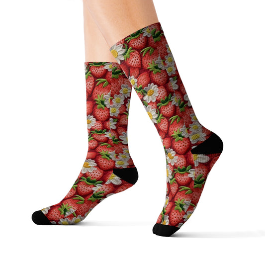 Diseño de bordado de fresas y fresas - Fruta dulce de frutos rojos frescos - Calcetines de sublimación 