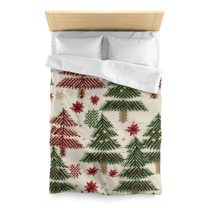 Embroidered Christmas Winter, Festive Holiday Stitching, Classic Seasonal Design - Microfiber Duvet Cover