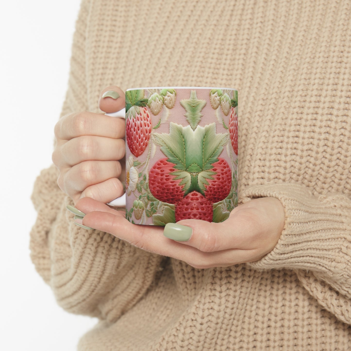 Red Berry Strawberries - Embroid Fruit - Healthy Crop Feast Food Design - Ceramic Mug 11oz