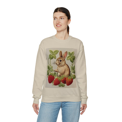 Strawberry Bunny Rabit - Embroidery Style - Strawberries Fruit Munchies - Easter Gift - Unisex Heavy Blend™ Crewneck Sweatshirt