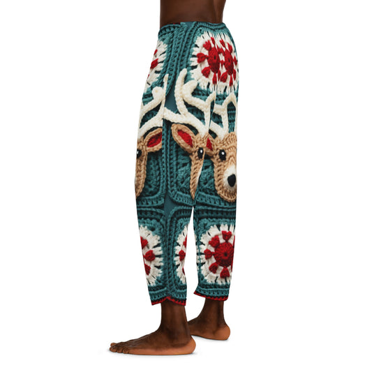 クリスマスのトナカイのかぎ針編み、冬のワンダーランドのデザイン、お祭りの鹿のモチーフ。ホリデー スピリットを受け入れよう - メンズ パジャマ パンツ (AOP) 