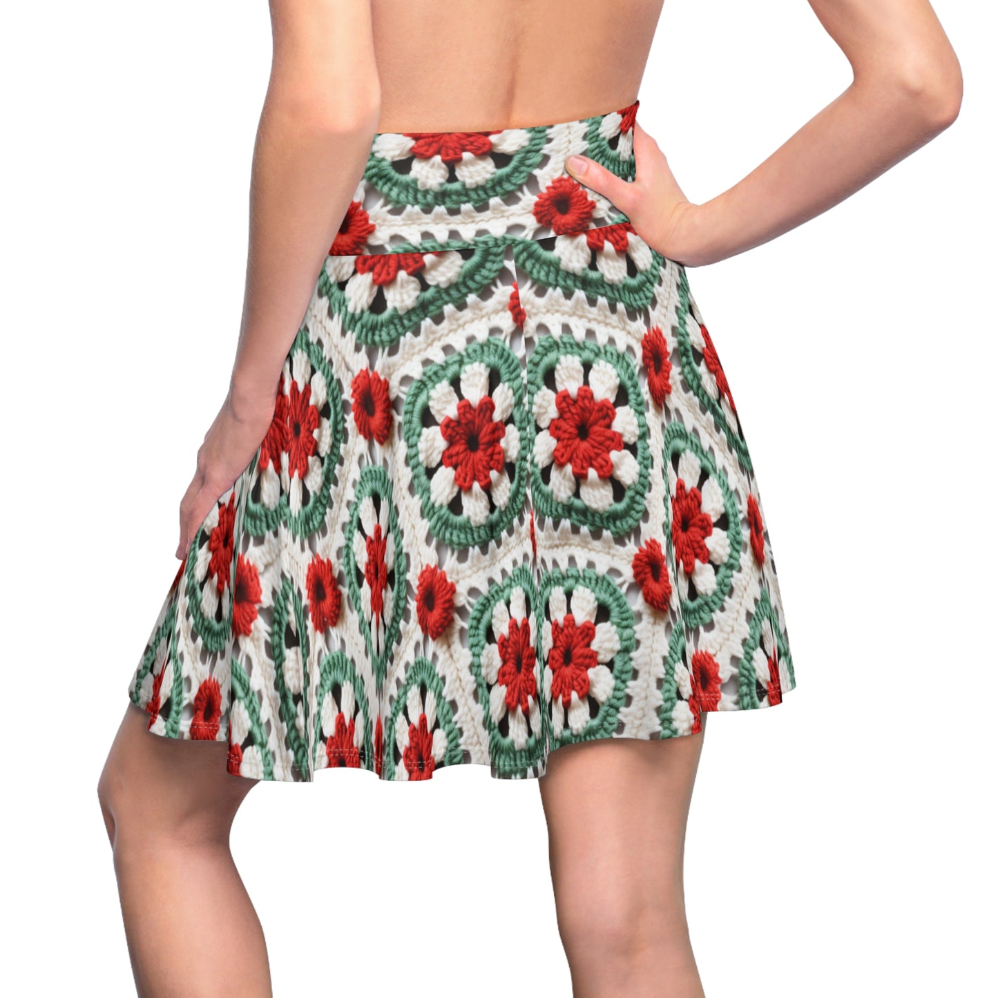 Christmas Granny Square Crochet, Cottagecore Winter Classic, Seasonal Holiday - Women's Skater Skirt (AOP)