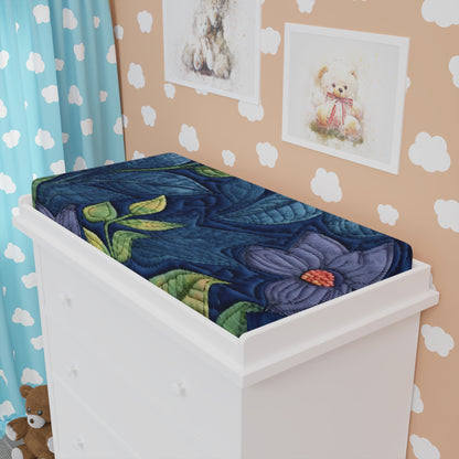 Floral Embroidery Blue: Denim-Inspired, Artisan-Crafted Flower Design - Baby Changing Pad Cover