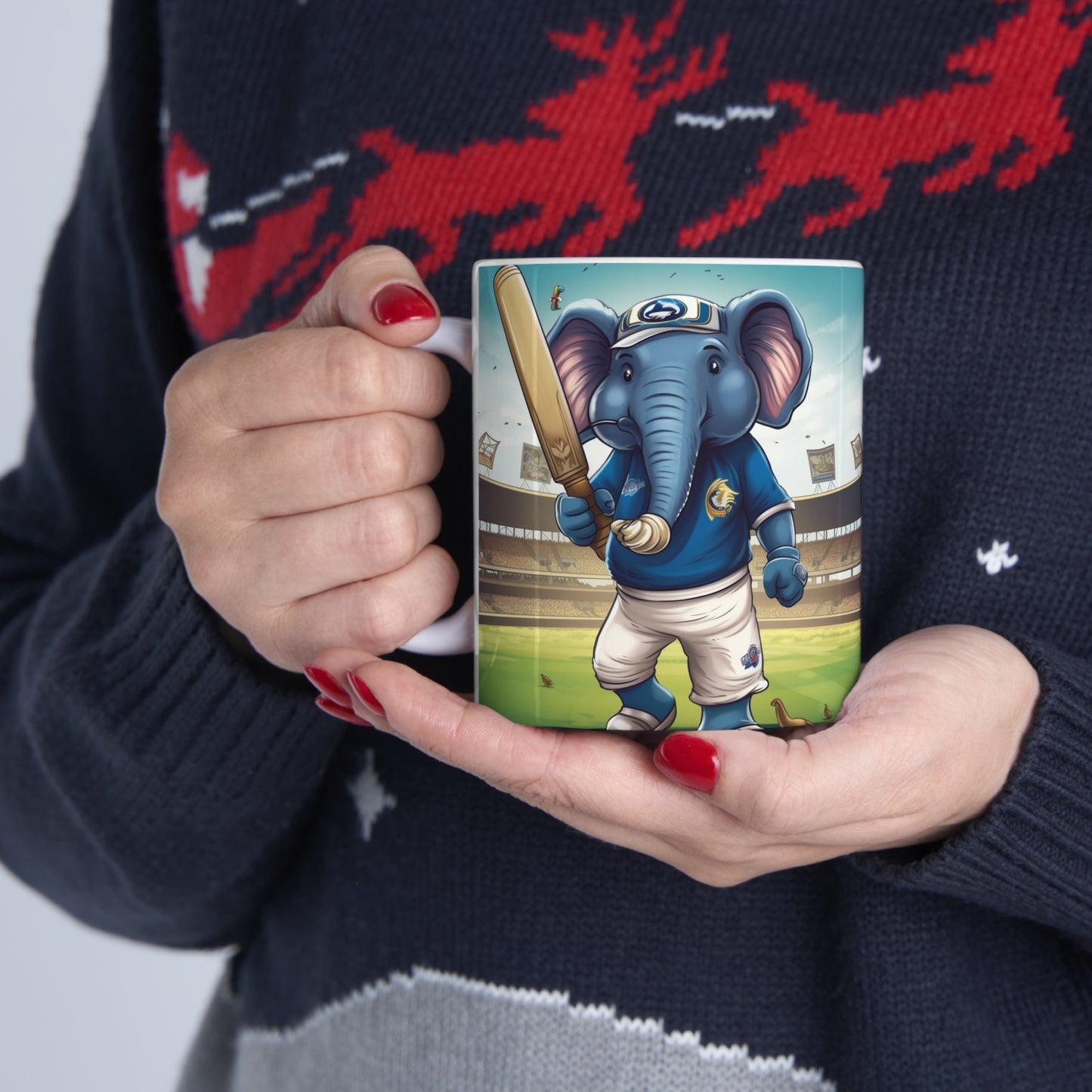 India Elephant Cricket Sport Star: Pitch, Run, Stump Game - Animated Charm - Ceramic Mug 11oz