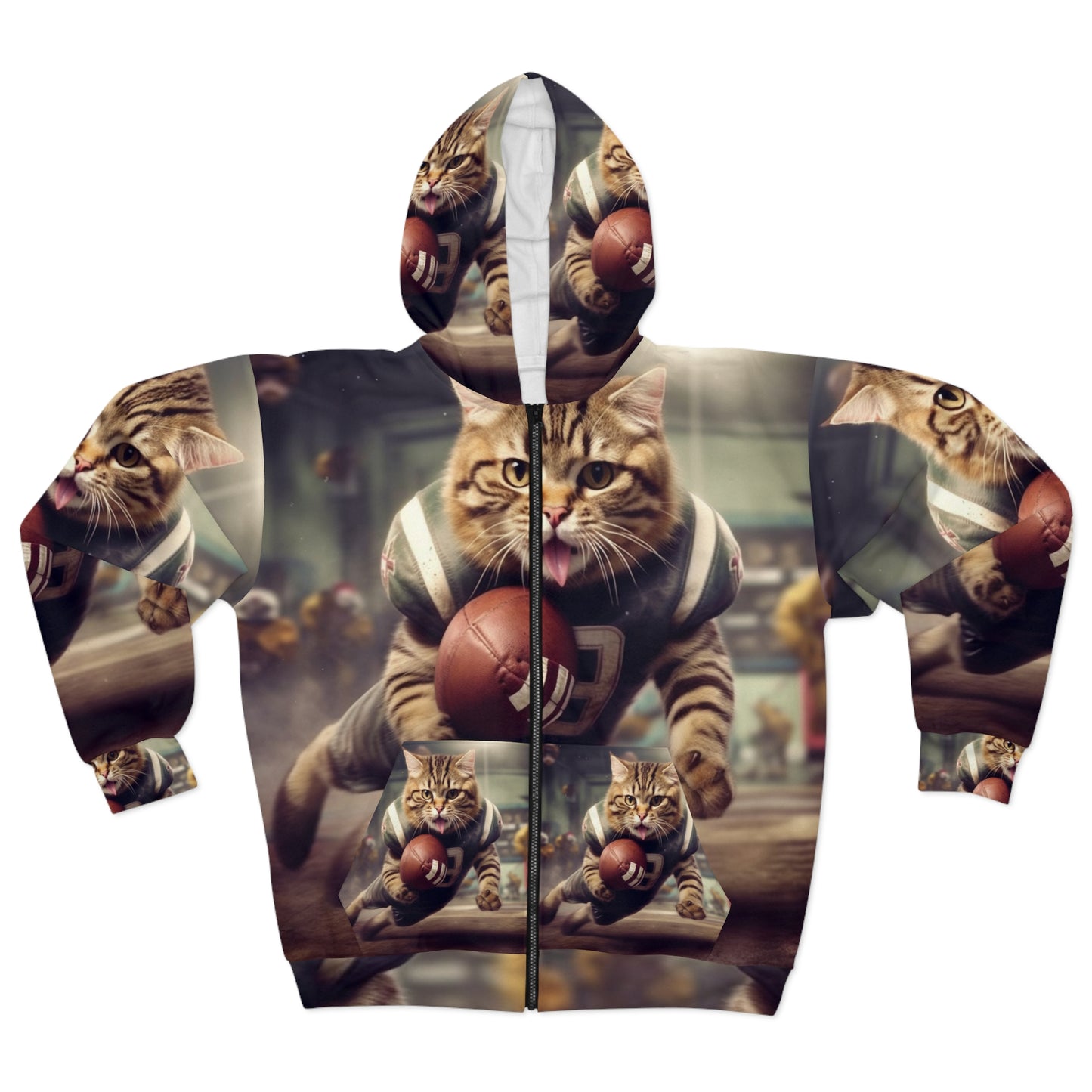 Football Field Felines: Kitty Cats in Sport Tackling Scoring Game Position - Unisex Zip Hoodie (AOP)