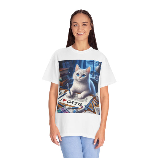 Dibujo artístico de gato blanco Me encantan los gatos, Ilustración felina creativa, Sueño de amante de los gatos - Camiseta unisex teñida de prendas 