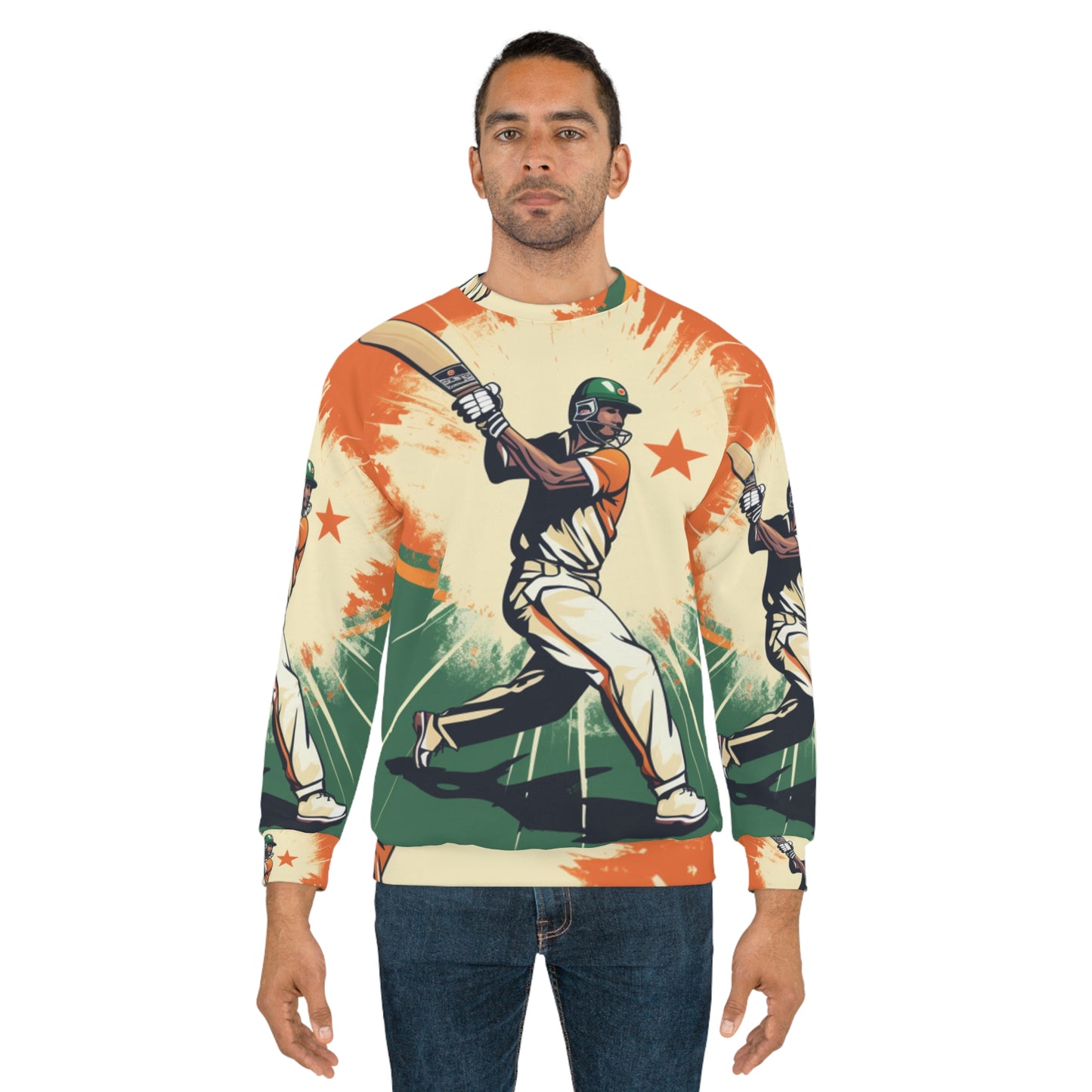 India Cricket Star: Batsman With Willow Bat, National Flag Style - Sport Game - Unisex Sweatshirt (AOP)