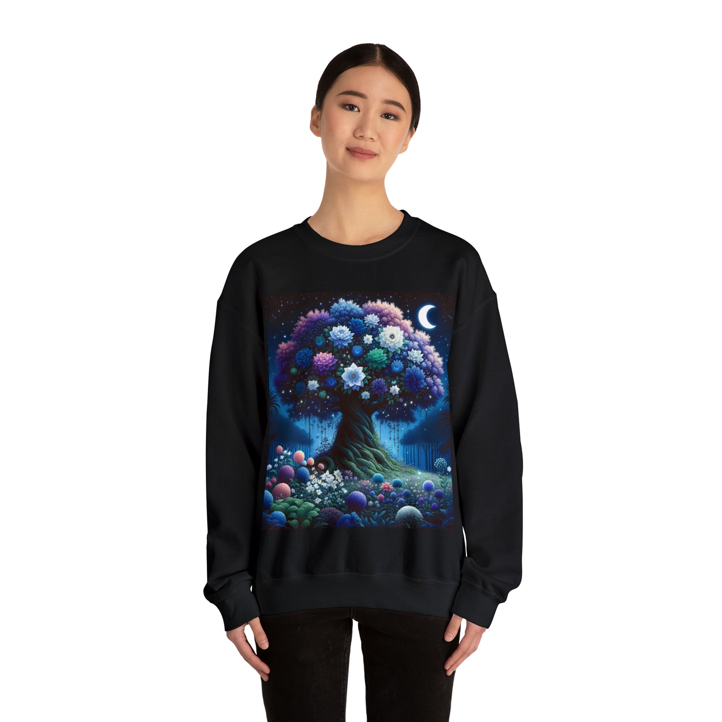 Starry Night Bloom: Magical Garden and Celestial Tree Art - Unisex Heavy Blend™ Crewneck Sweatshirt