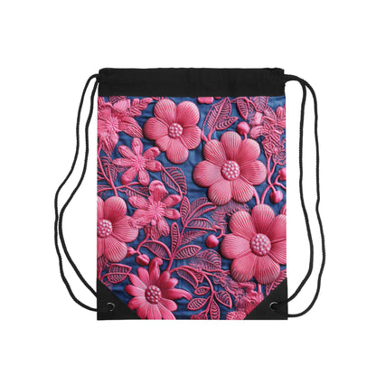 Denim Blue Doll Pink Floral Embroidery Style Fabric Flowers - Drawstring Bag