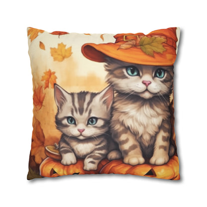 Kitty Cat Kittens Halloween - Cute Furries on Pumpkin - Festive Feline Decor - Spun Polyester Square Pillow Case