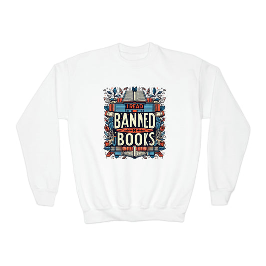 I Read Banned Books - Emblematic Floral Book Stack - Youth Crewneck Sweatshirt