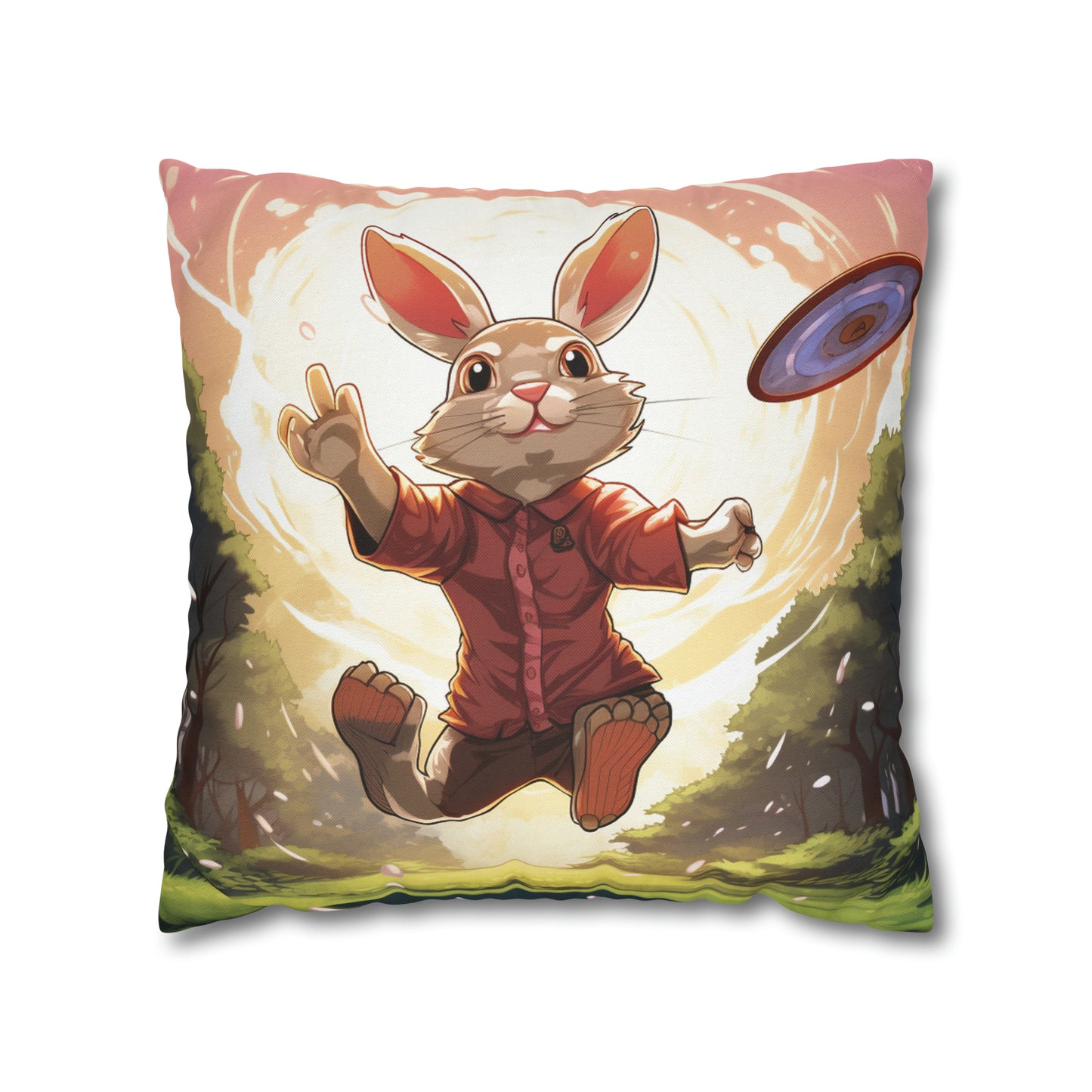 Disc Golf Rabbit: Bunny Aiming Frisbee for Basket Chain - Spun Polyester Square Pillow Case