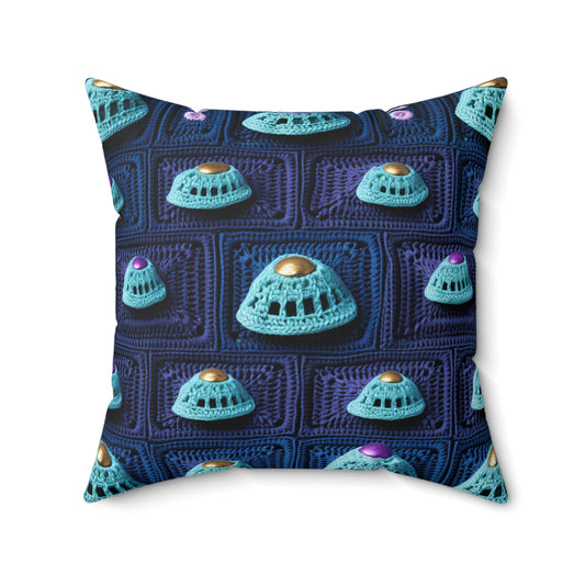 Spaceship UFO Crochet - Galactic Travel Ship - Alien Craft - Flying Saucer - Spun Polyester Square Pillow