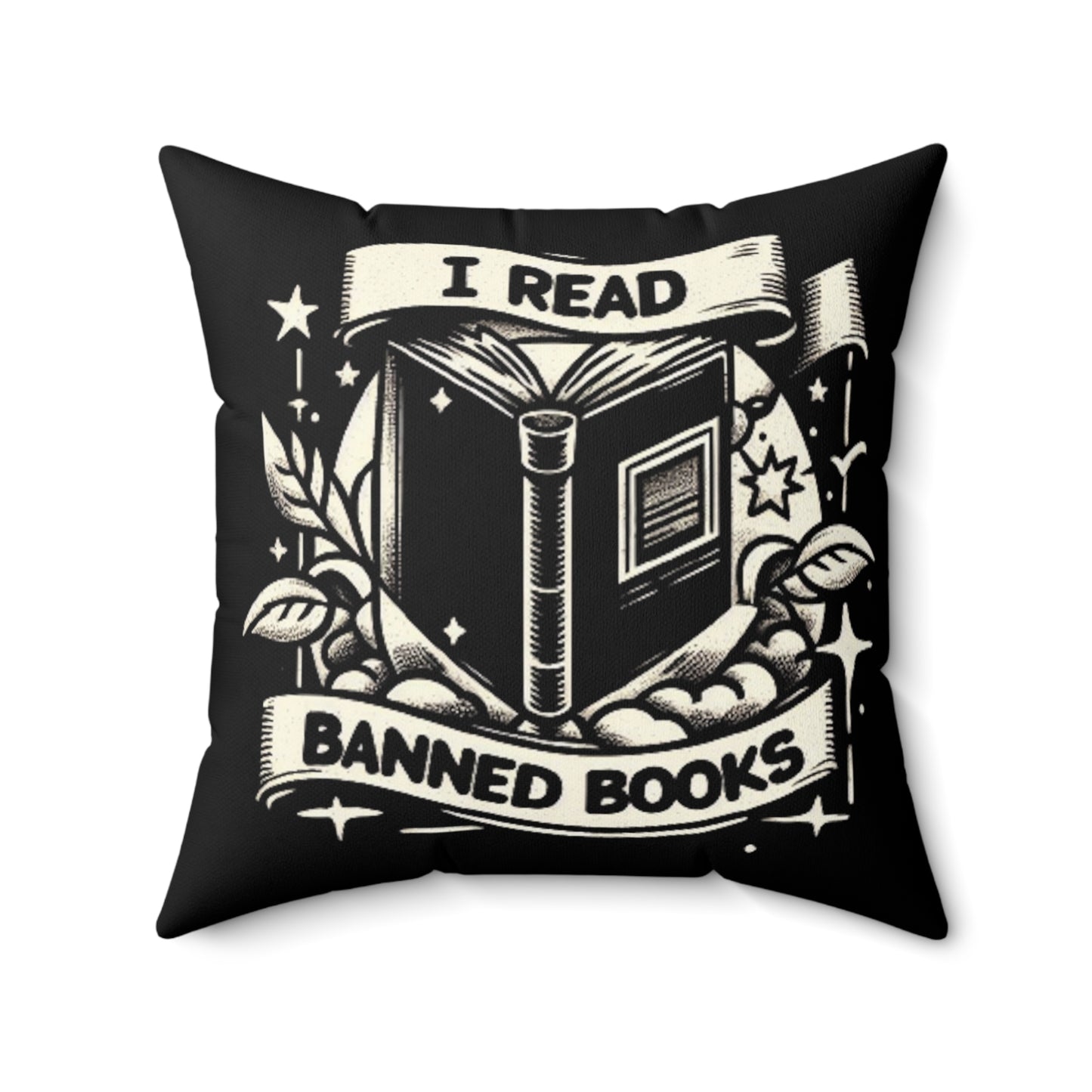 I Read Banned Books - Monochrome Crest with Stars and Laurel - Spun Polyester Square Pillow