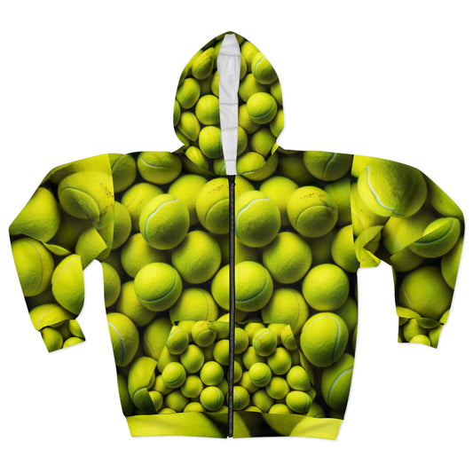 Tennis Ball Sport: Athlete Court Action, Rally & Serve - Unisex Zip Hoodie (AOP)