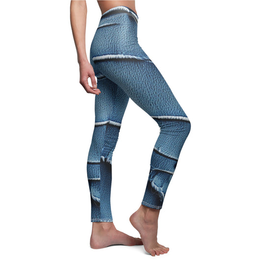 Midnight Blue Distressed Denim: Rugged, Torn & Stylish Design - Women's Cut & Sew Casual Leggings (AOP)