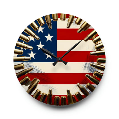 Liberty Bullet Art Acrylic Wall Clock - Patriotic USA Flag Design, Americana Wall Accent, Non-Functional Bullet Decor, Stars and Stripes Tribute Timepiece