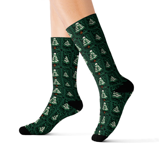 Evergreen Christmas Trees Crochet, Festive Pine Tree Holiday Craft, Yuletide Forest, Winter - Sublimation Socks