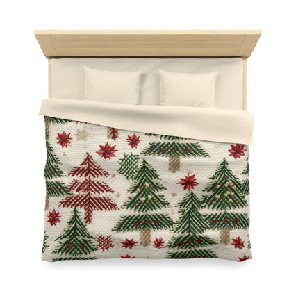 Embroidered Christmas Winter, Festive Holiday Stitching, Classic Seasonal Design - Microfiber Duvet Cover