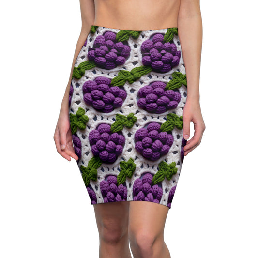 Crochet Grapes Pattern - Granny Square Design - Fresh Fruit Pick - Orchard Purple Snack Food - Women's Pencil Skirt (AOP)