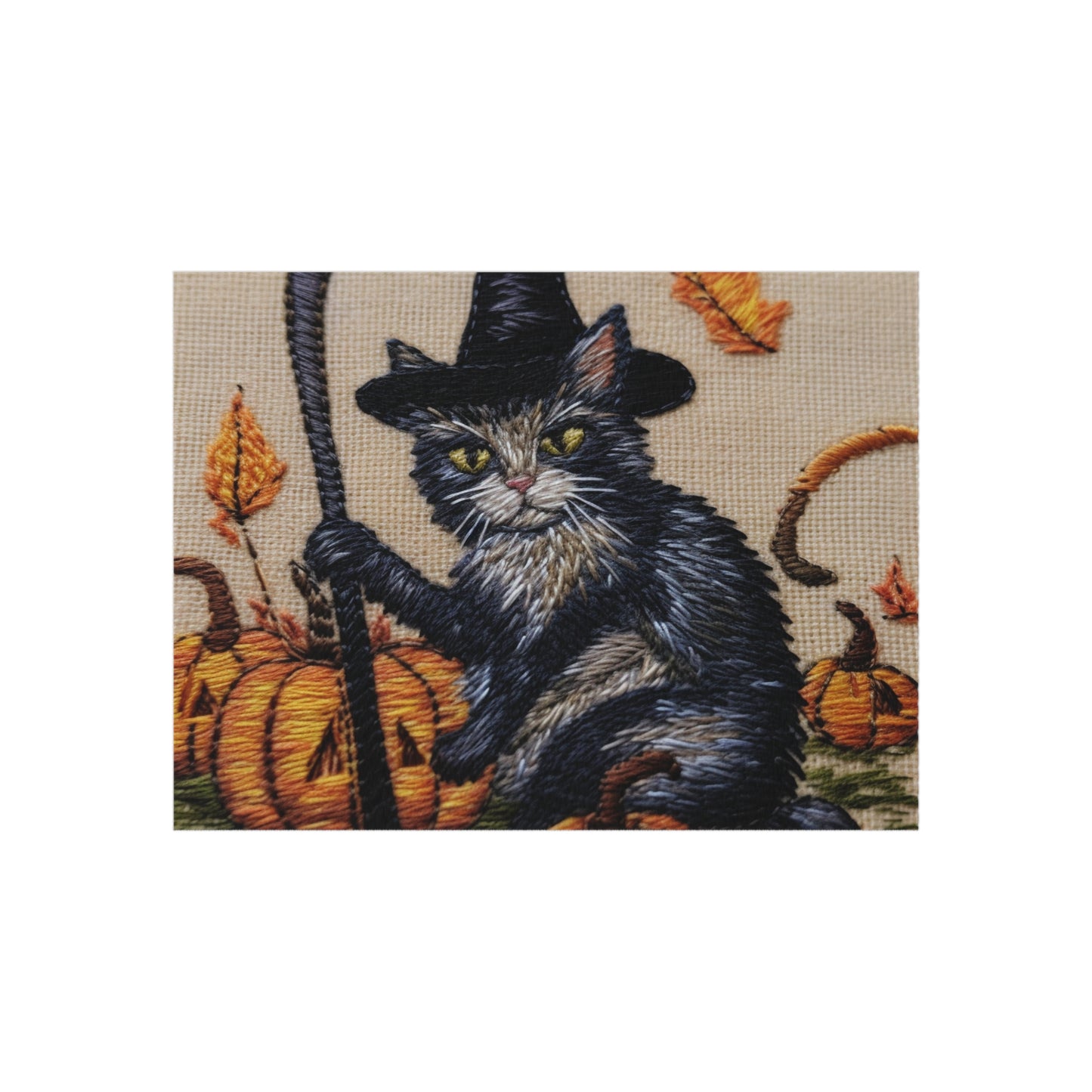 Halloween Cat Magic: Embroidered Style Feline with Pumpkins & Witch Hat - Outdoor Rug