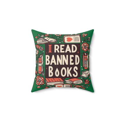 I Read Banned Books - Timeless Floral Bookshelf Illustration - Spun Polyester Square Pillow