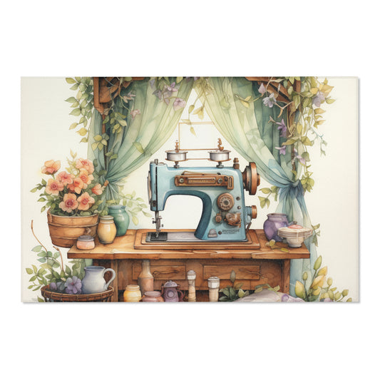 Rustic Sewing Nook Watercolor Illustration, Pastel Vintage Sewing Machine with Floral - Area Rugs