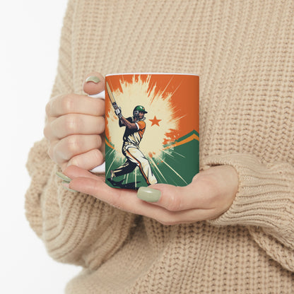 India Cricket Star: Batsman With Willow Bat, National Flag Style - Sport Game - Ceramic Mug 11oz