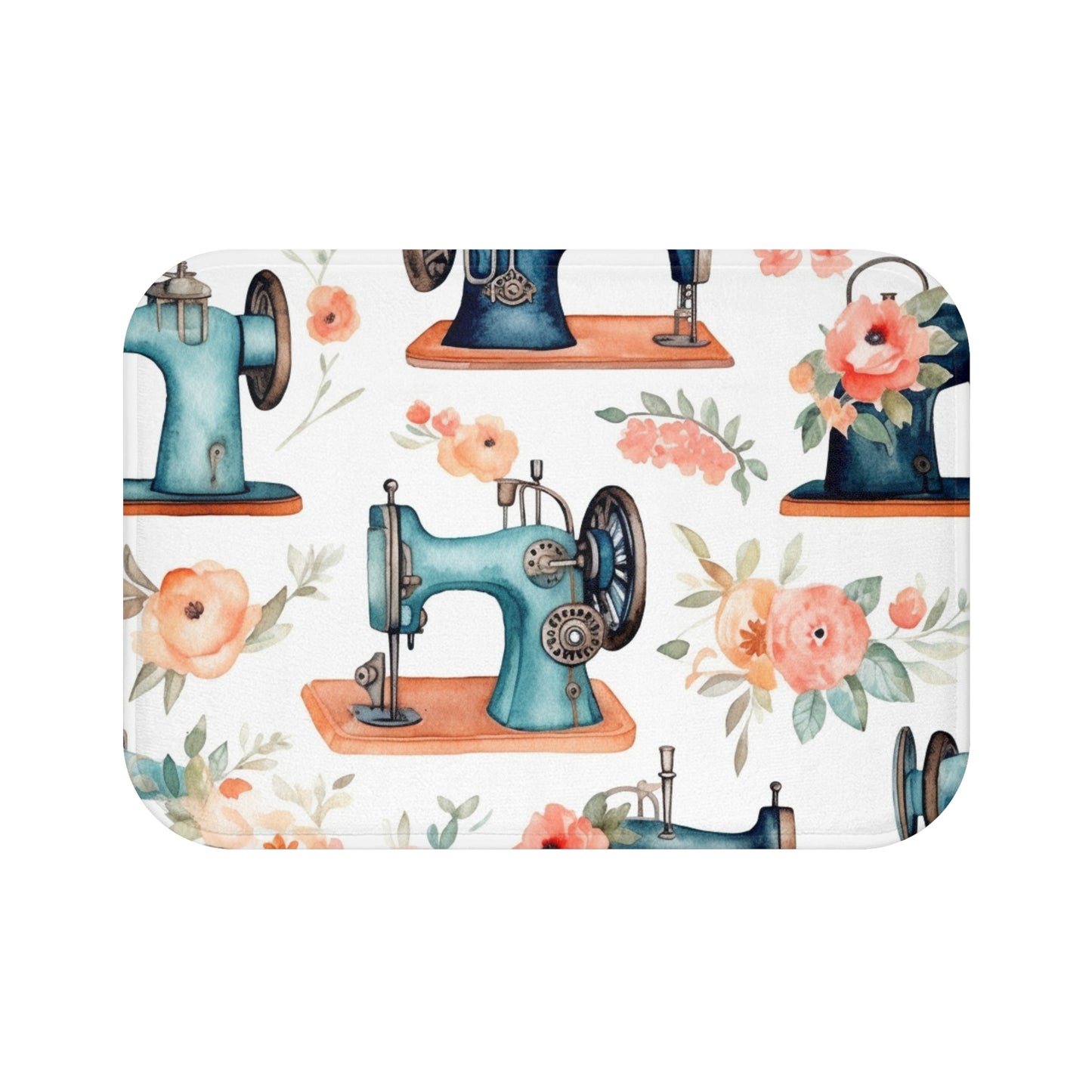 Watercolor Sewing Machines & Floral Bouquets: Antique Feminine Minimalist Styling - Bath Mat