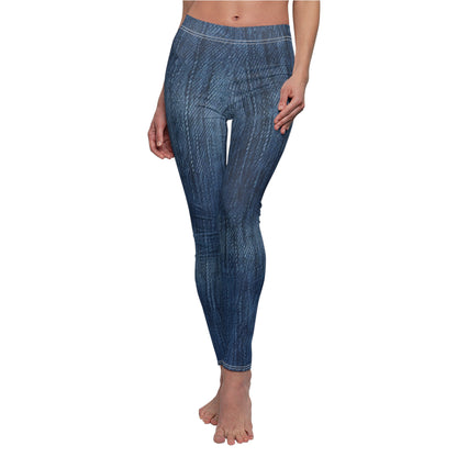 Indigo Splash: Washed Denim Reverie in Deep Blue - Women's Cut & Sew Casual Leggings (AOP)