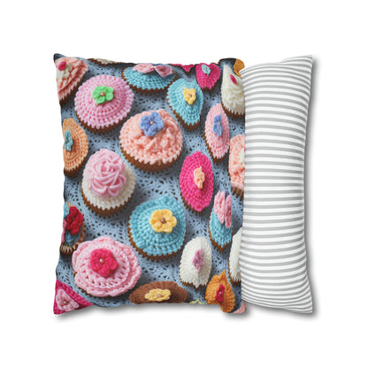 Crochet Cupcake Treat Frosted Cake Dessert Bakery Design - Spun Polyester Square Pillow Case