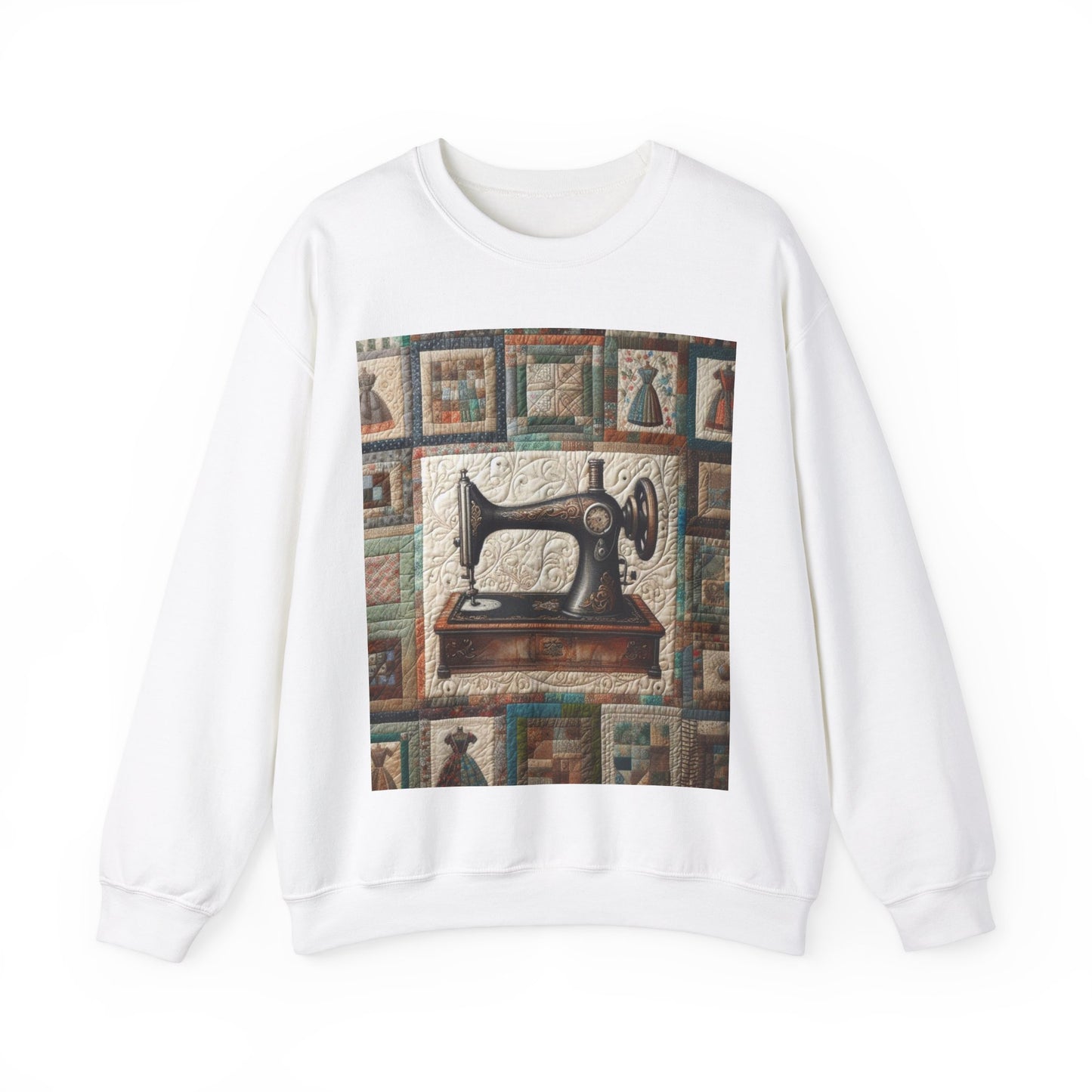 Quilted Sewing Machine, Tailor Craft Patchwork, Heirloom Textile Art - Unisex Heavy Blend™ Crewneck Sweatshirt