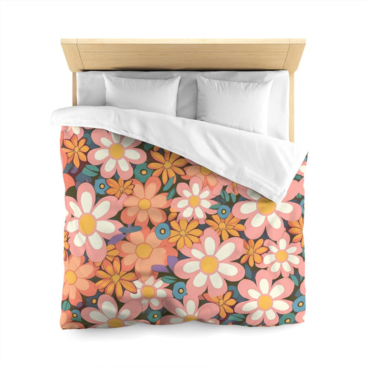 Groovy 1960s 1970s Pink & Orange Daisy Mod Floral - Microfiber Duvet Cover