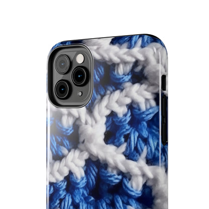 Blueberry Blue Crochet, White Accents, Classic Textured Pattern - Tough Phone Cases